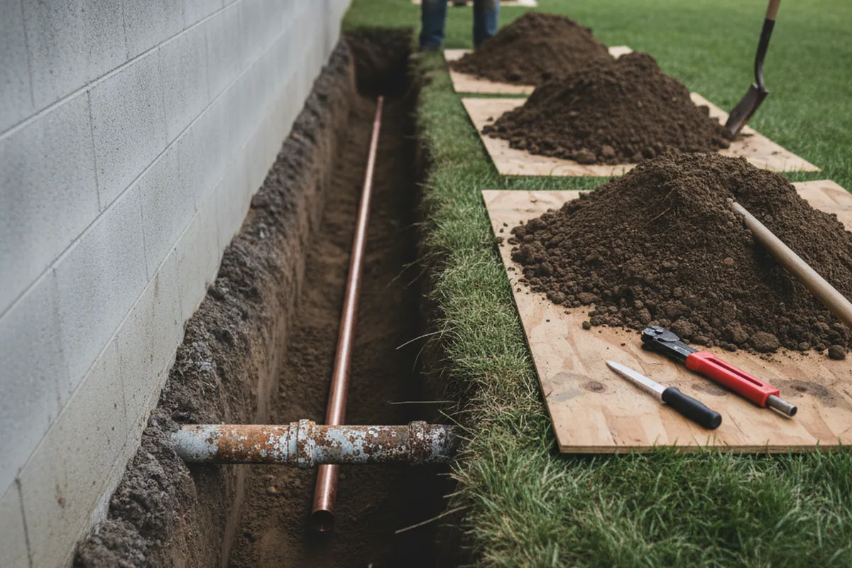 Excavated water line trench during Sewer Line Repair in Carthage